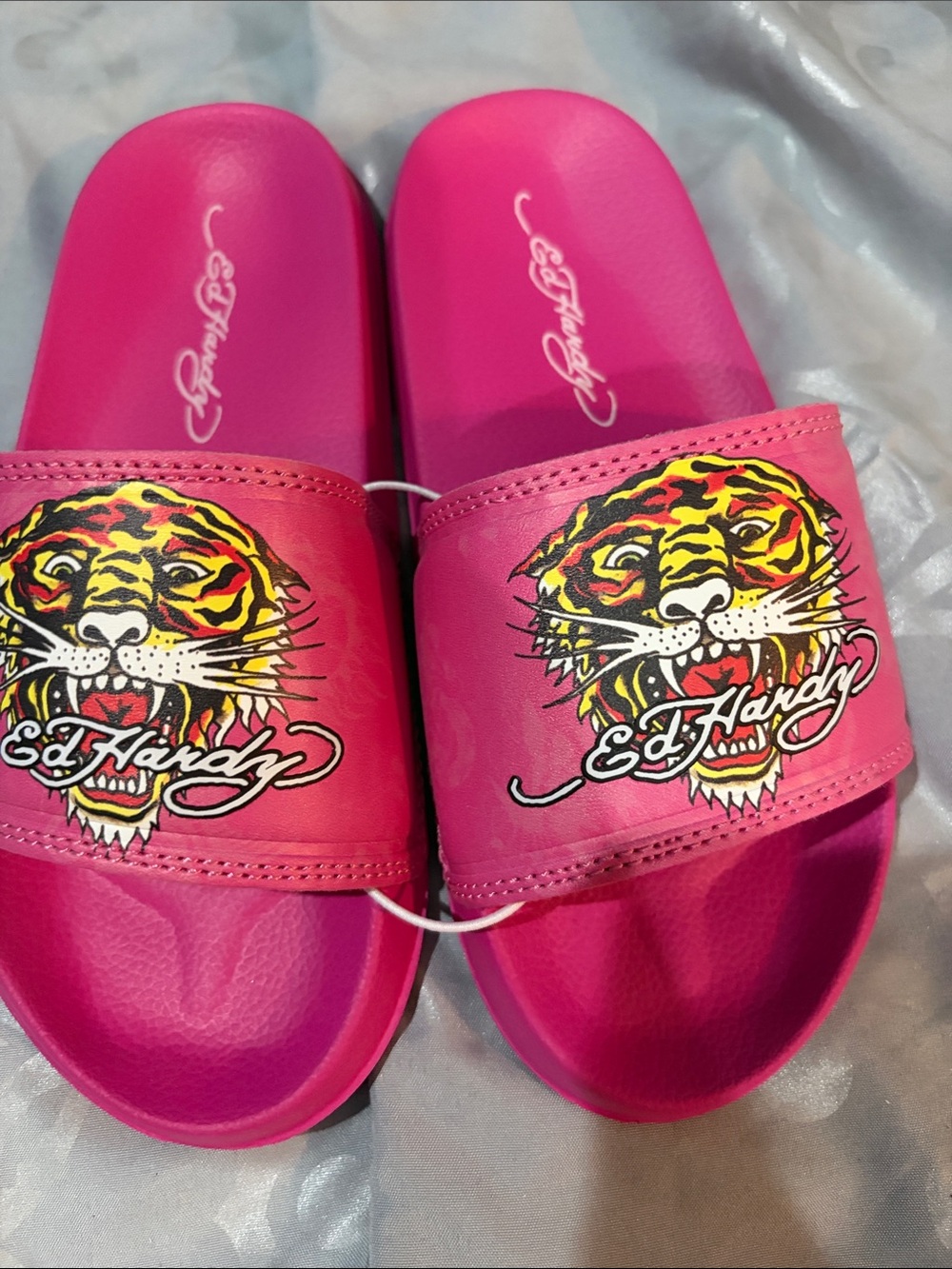 Ed Hardy Hot Pink Tiger Graphic Slide Sandals